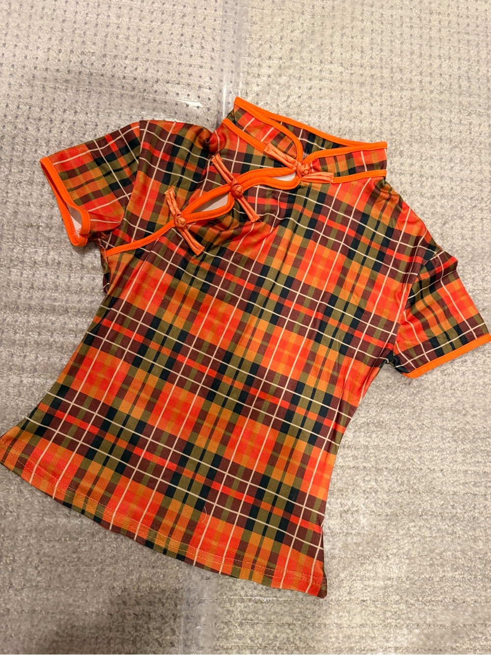 Orange Plaid Mandarin Collar Top brand new xs